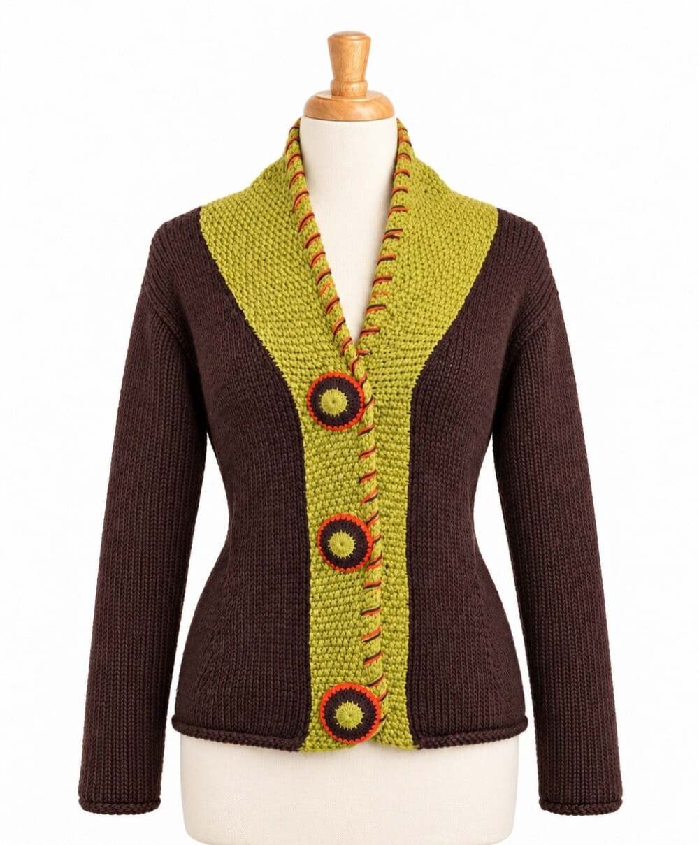 RICO Hand Knits Cardigan Sweater Womens S Brown Green 100% Cotton Boho Artisan